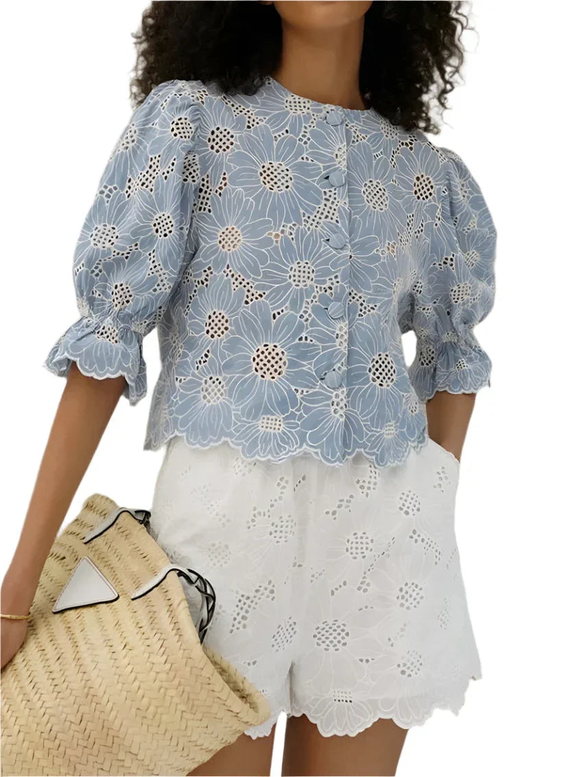 Eyelet Puff Sleeve Cropped Blouse