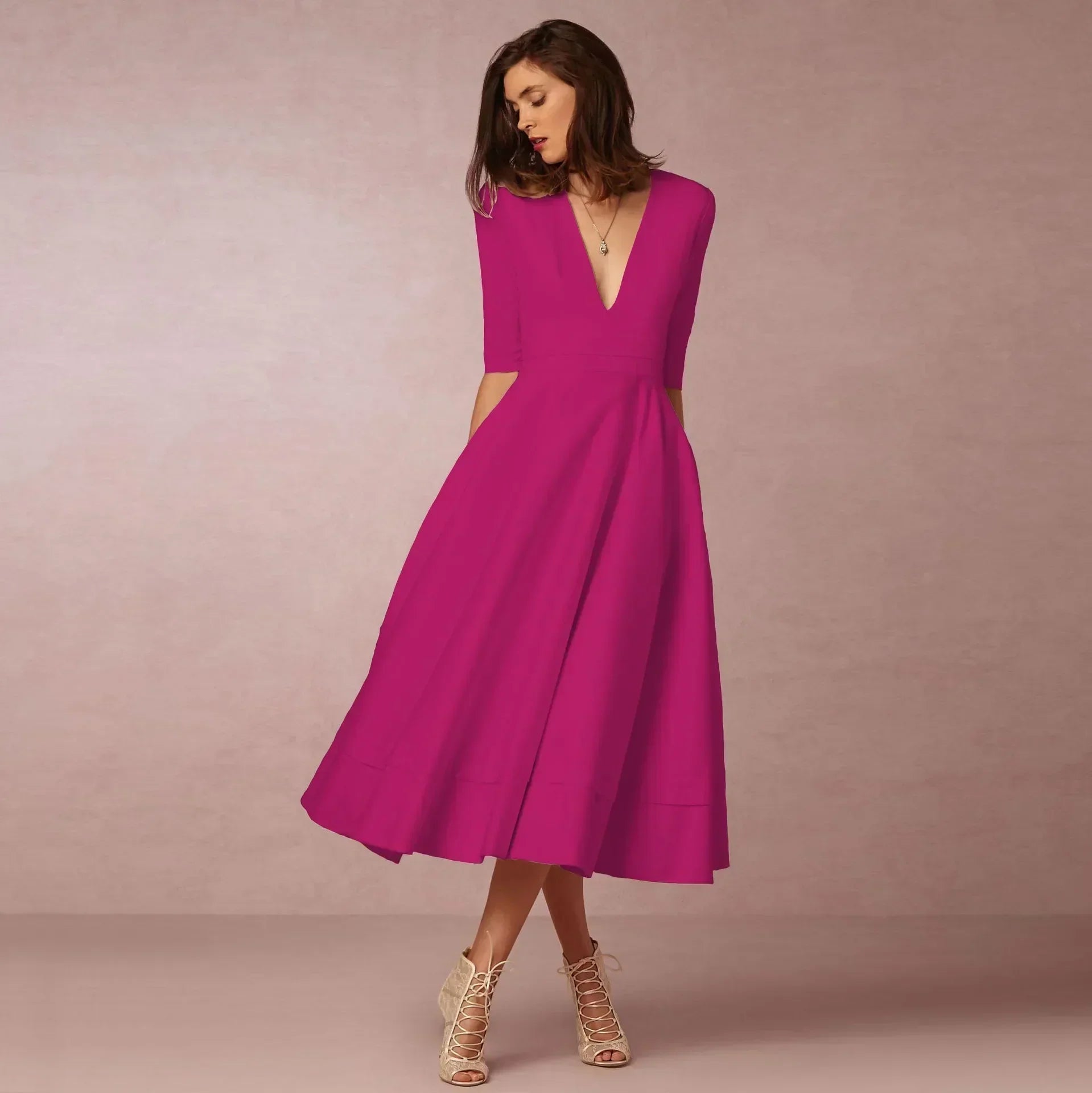 V-Neck Fit & Flare Midi Dress