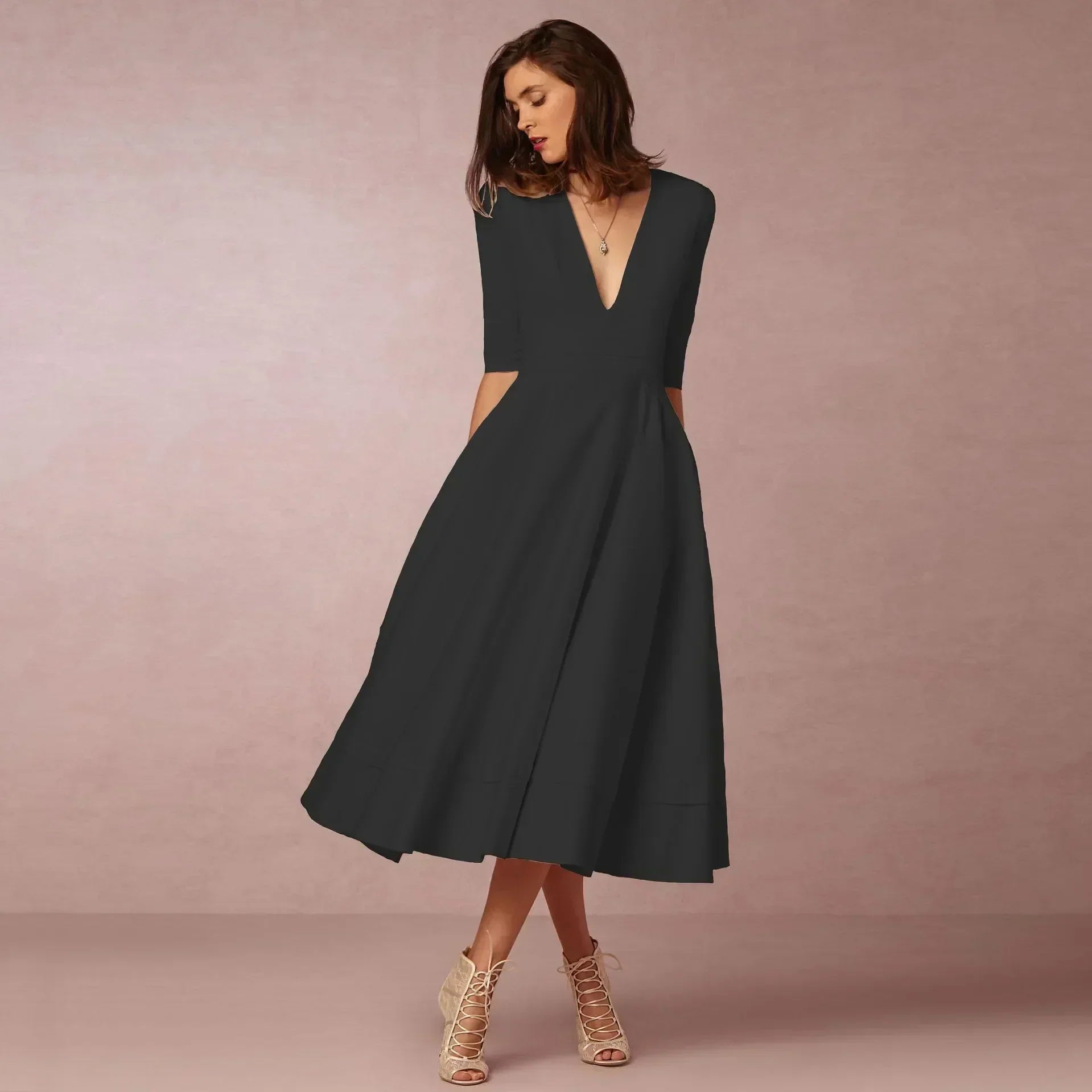 V-Neck Fit & Flare Midi Dress