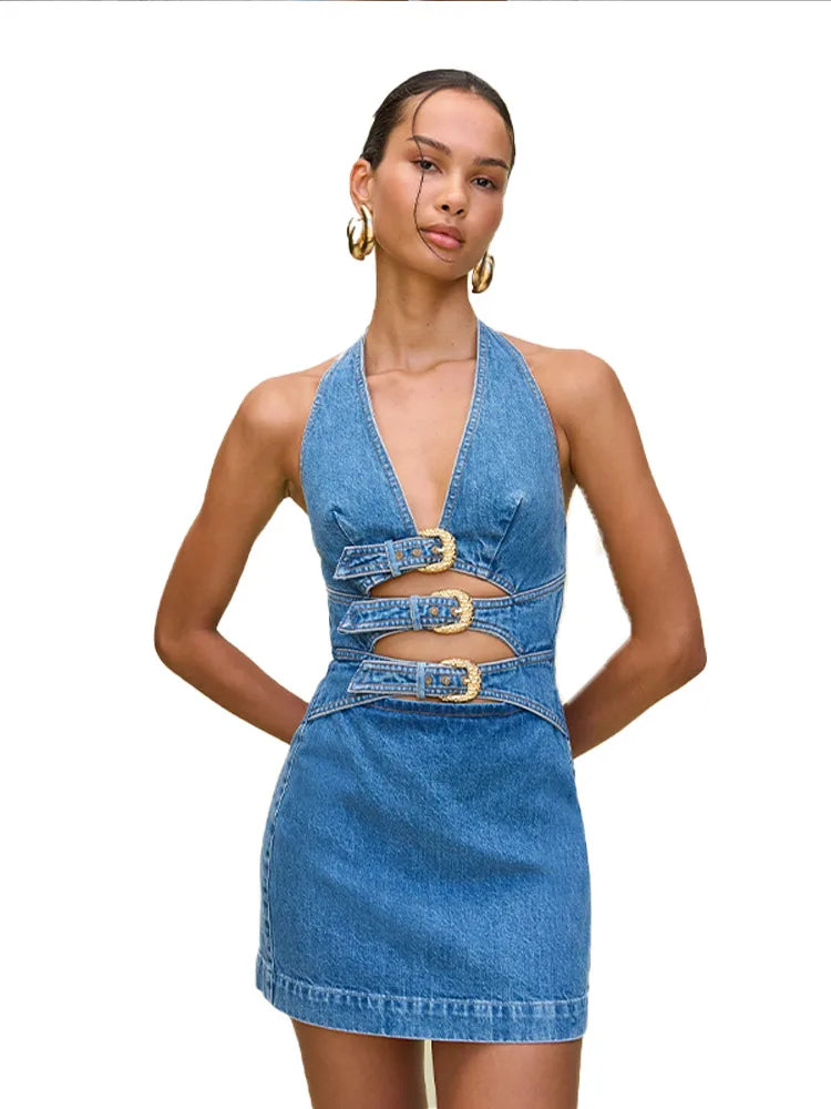Denim Halter Buckle Mini Dress