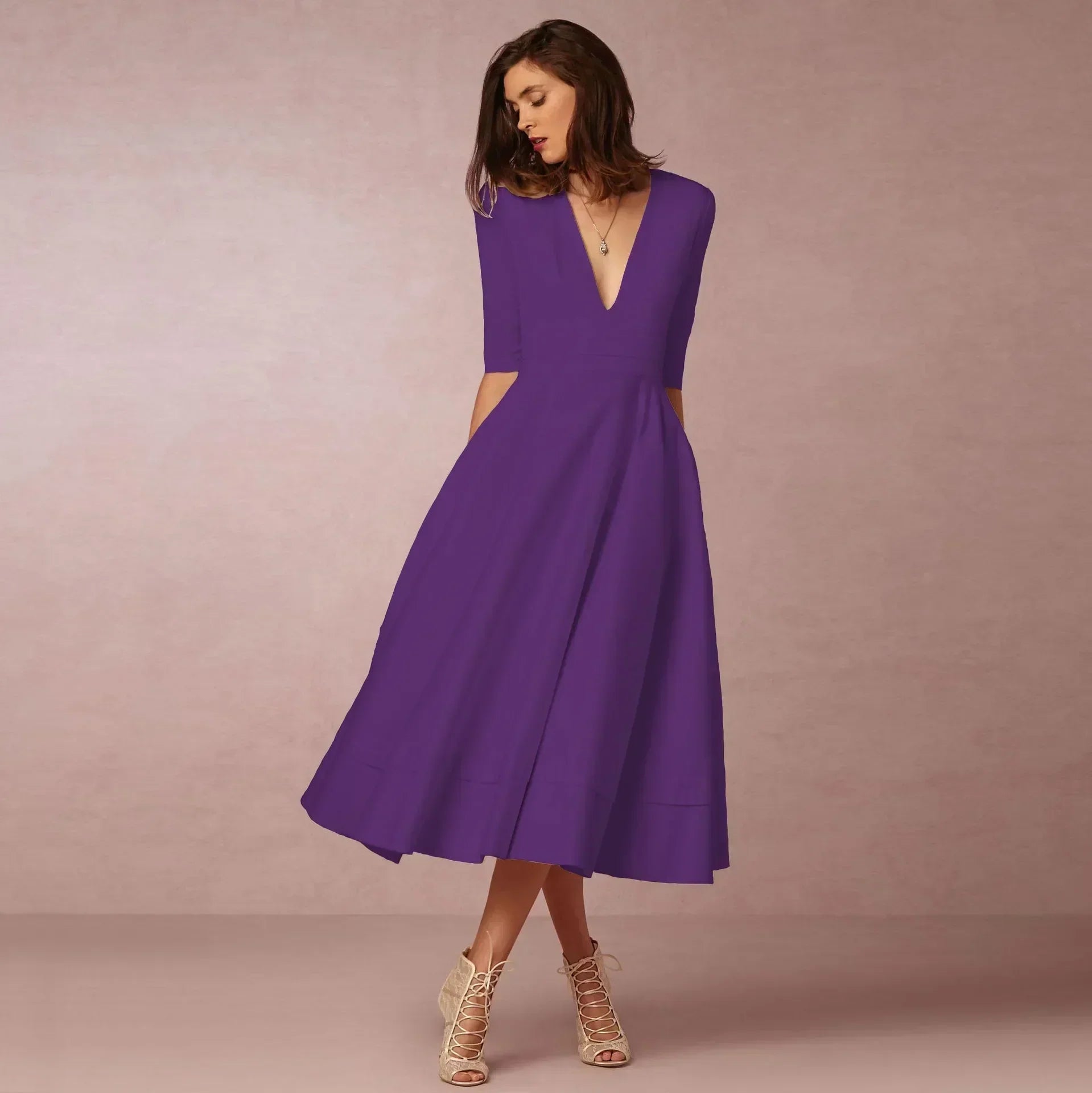 V-Neck Fit & Flare Midi Dress