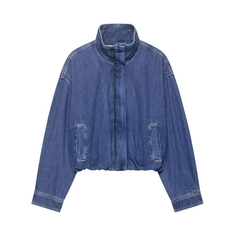 Cropped Zip Denim Bomber Jacket