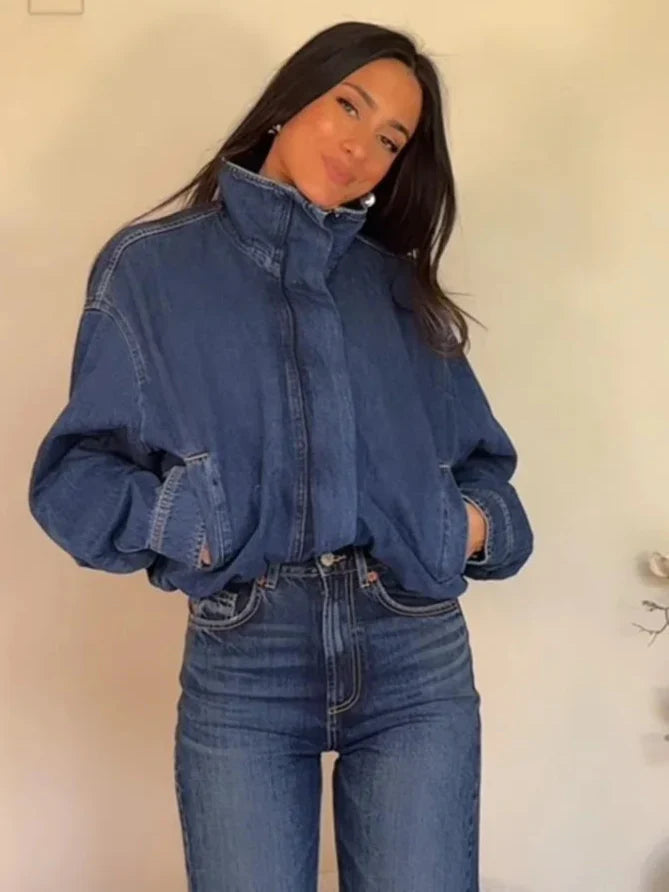 Cropped Zip Denim Bomber Jacket