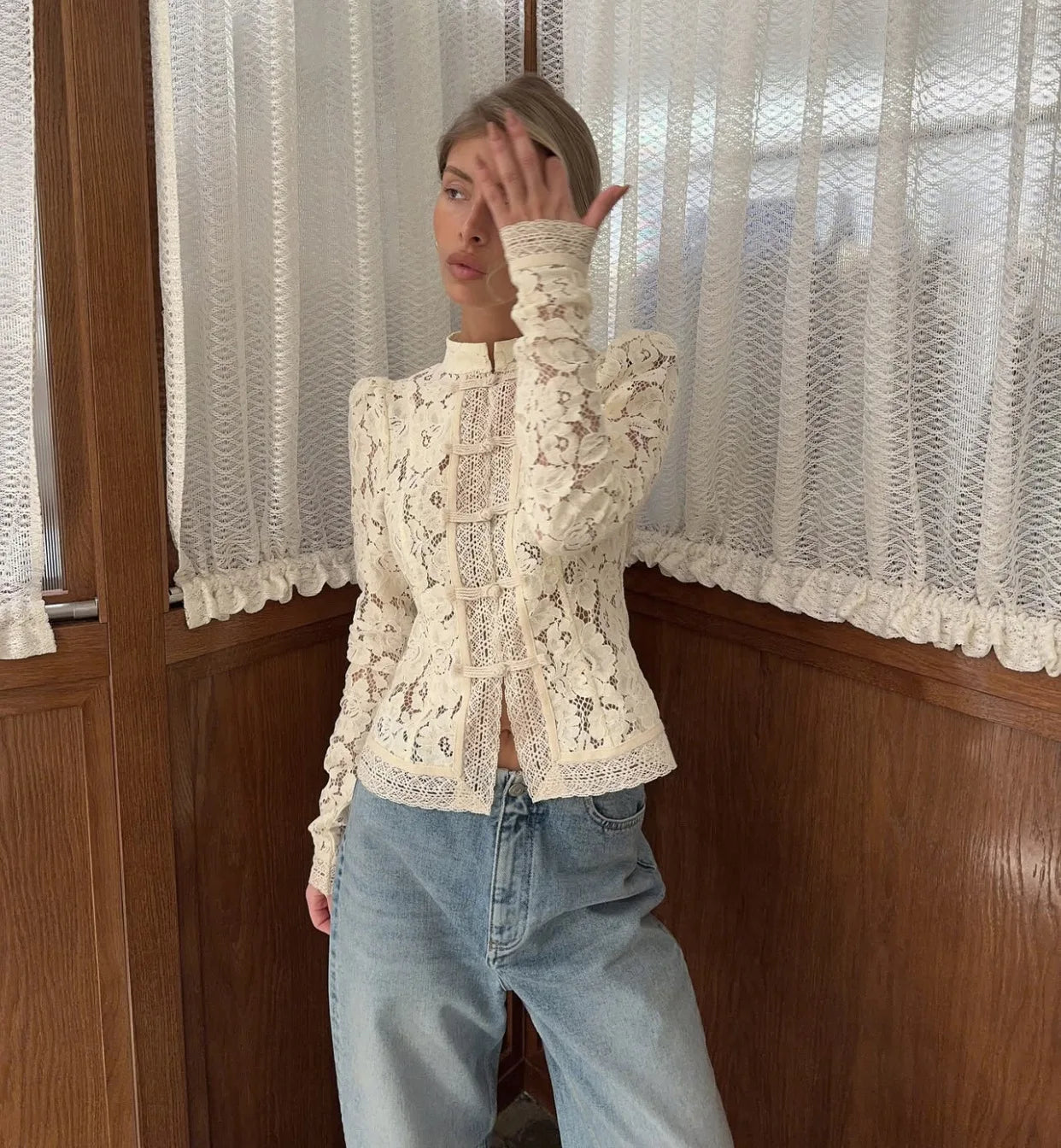 Victorian Lace Knot-Button Blouse