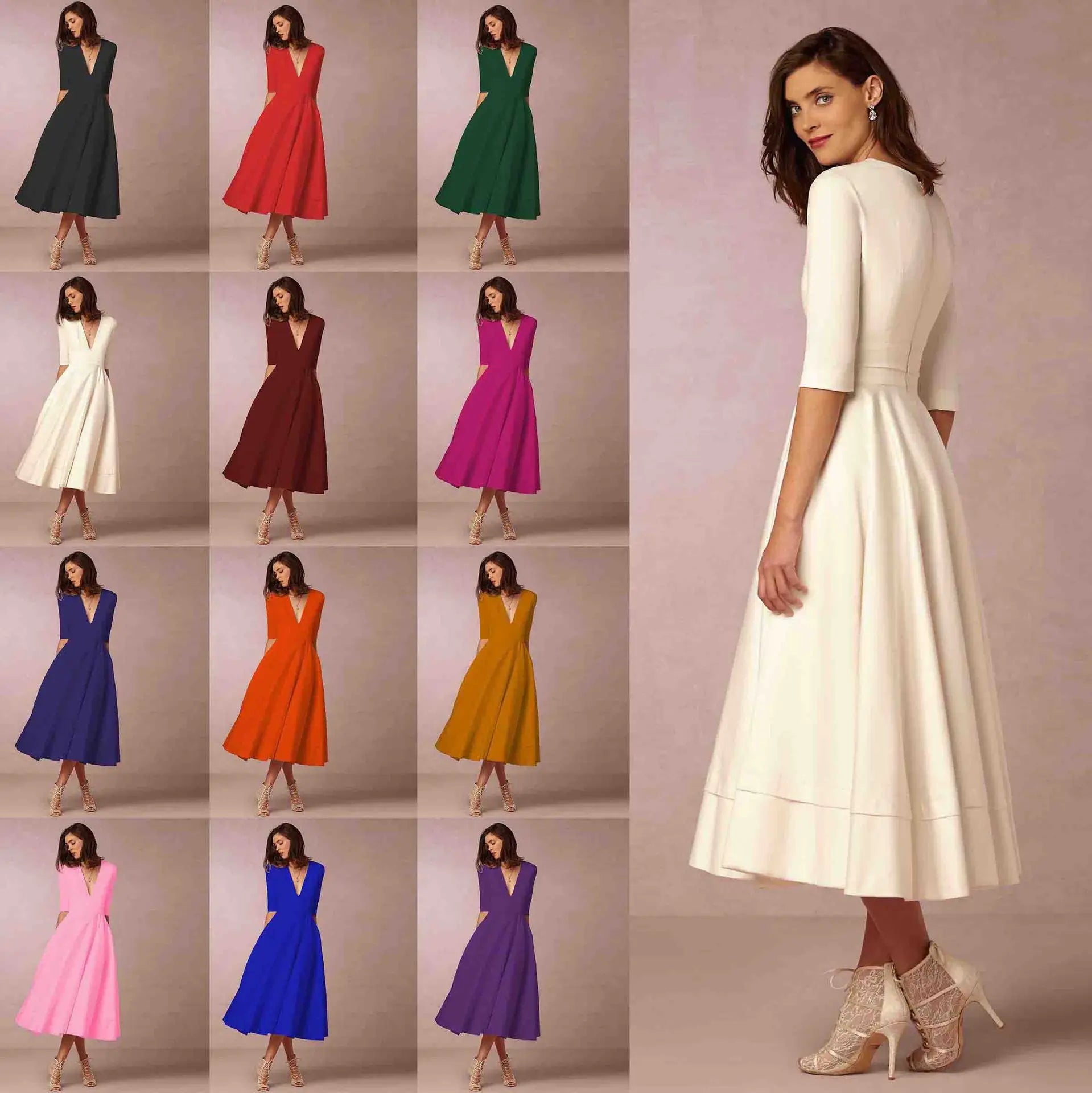 V-Neck Fit & Flare Midi Dress