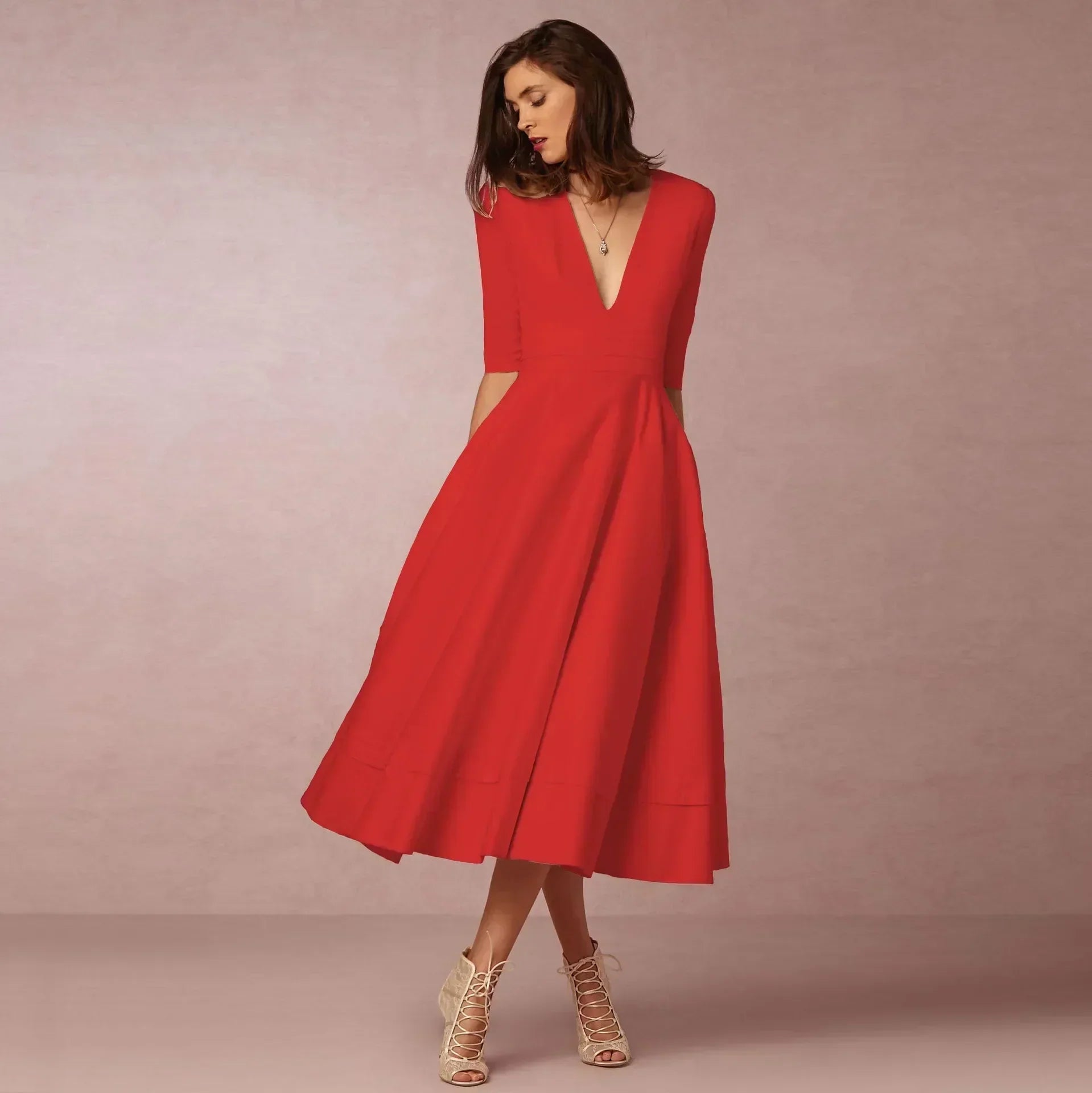 V-Neck Fit & Flare Midi Dress
