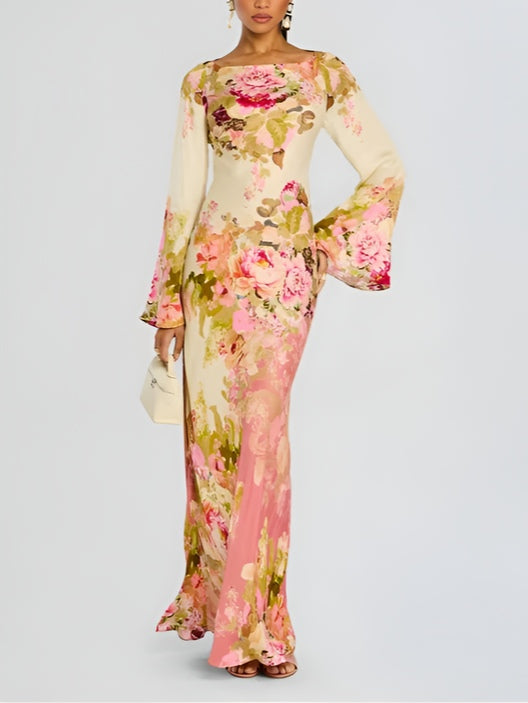 Floral Bell Sleeve Column Maxi Dress