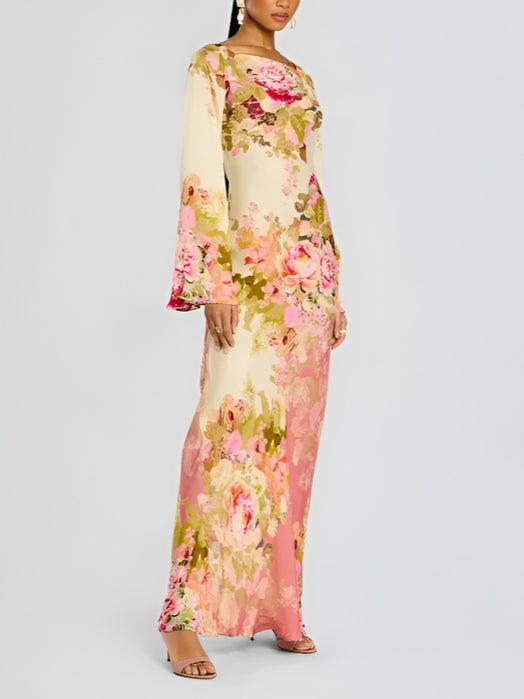 Floral Bell Sleeve Column Maxi Dress