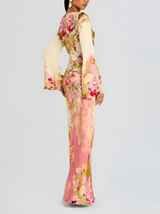 Floral Bell Sleeve Column Maxi Dress
