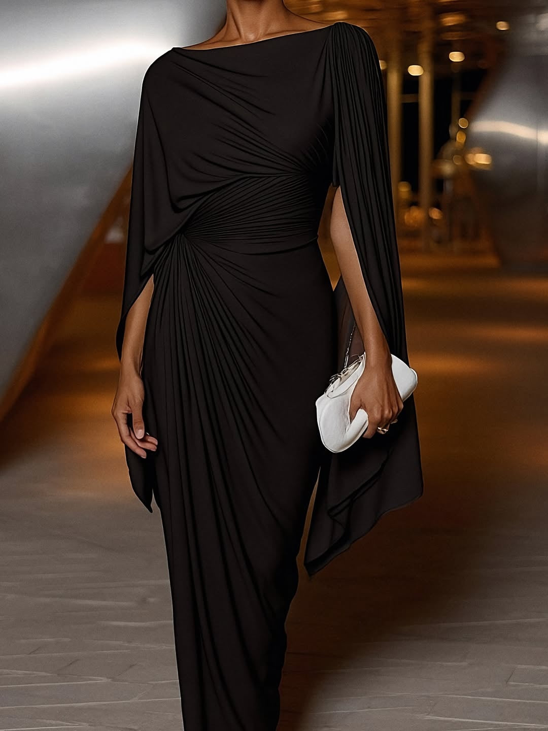 Cape Sleeve Ruched Maxi Dress