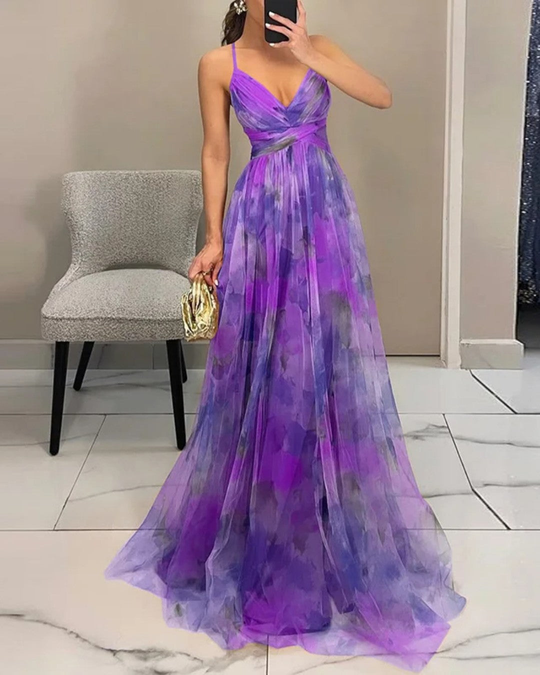 Watercolour Pleated Maxi Dress