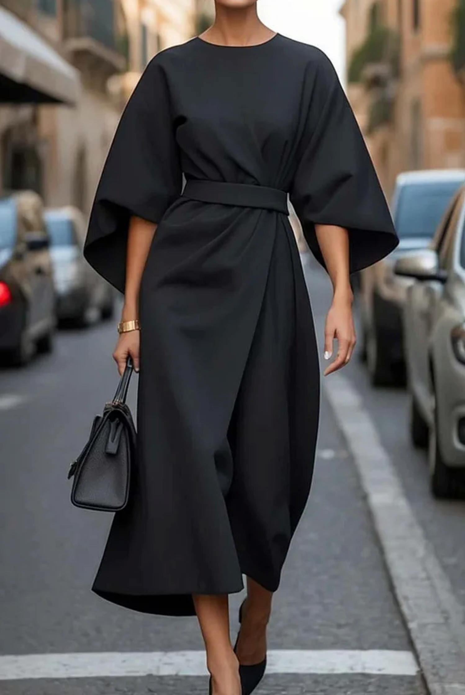 Belted Lantern Sleeve Midi Dress