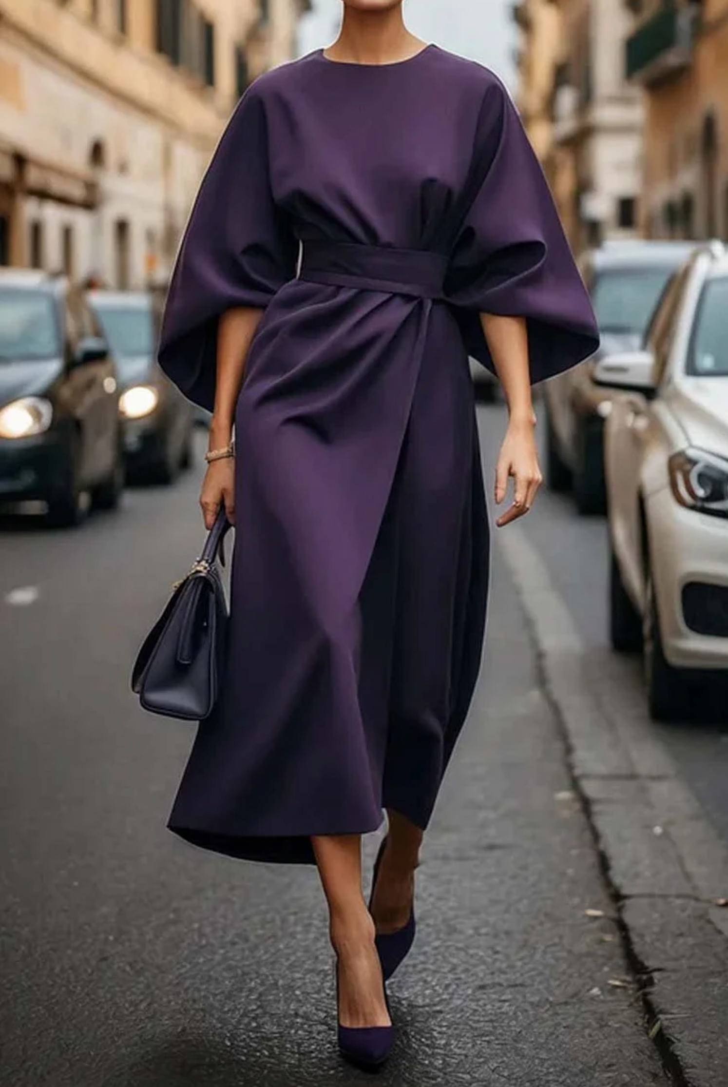 Belted Lantern Sleeve Midi Dress