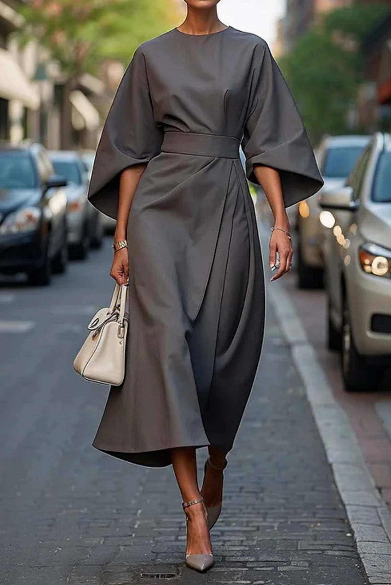 Belted Lantern Sleeve Midi Dress