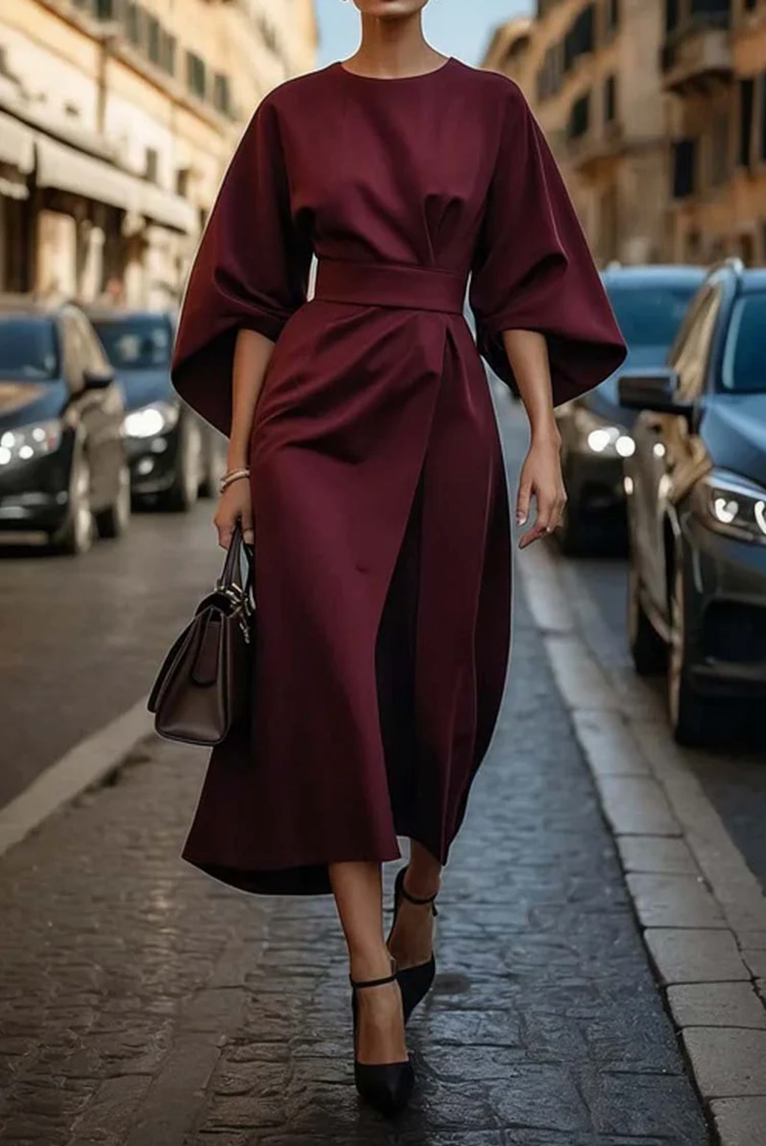 Belted Lantern Sleeve Midi Dress