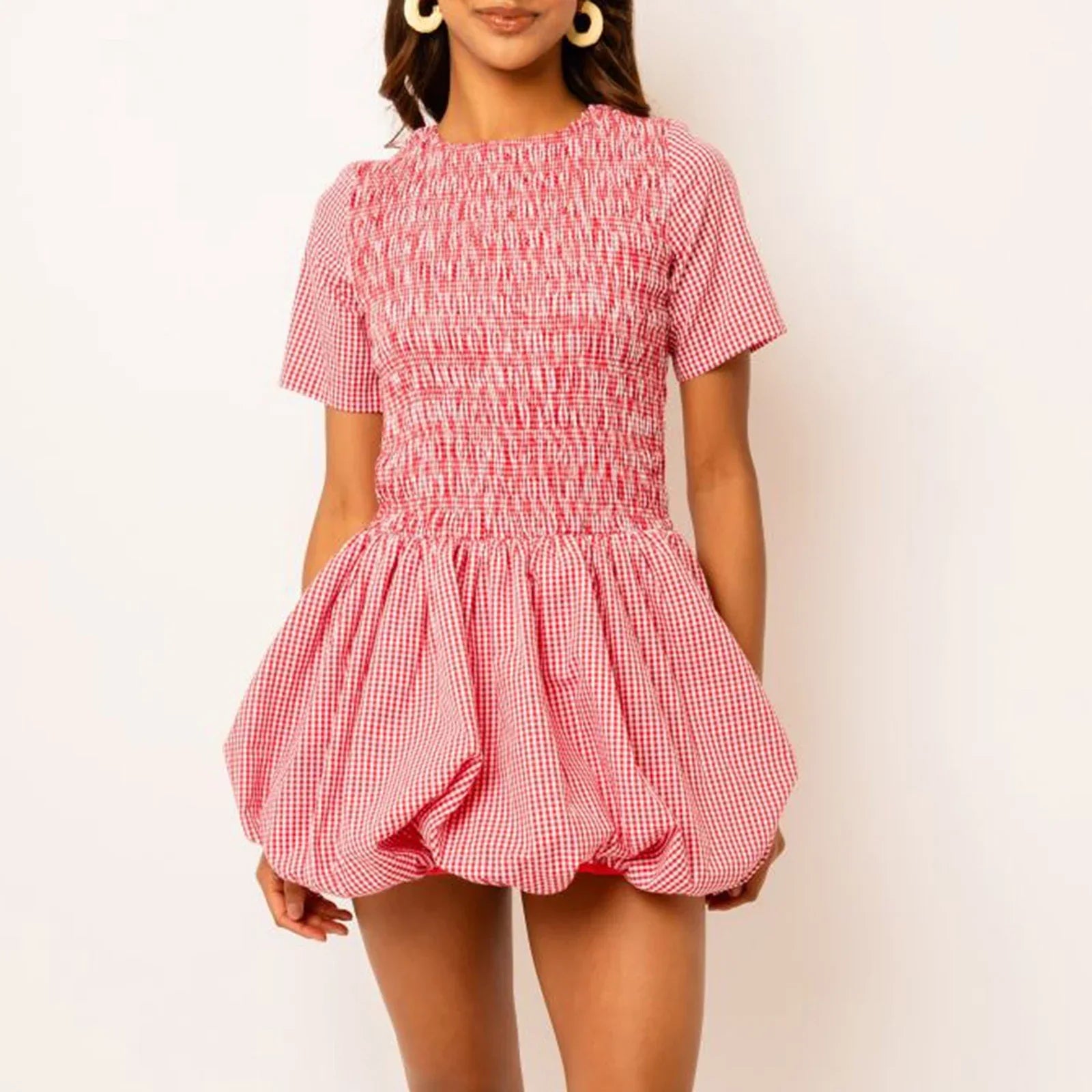 Smocked Gingham Bubble Mini Dress