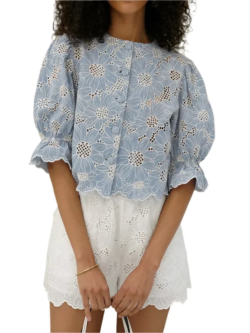 Eyelet Puff Sleeve Cropped Blouse