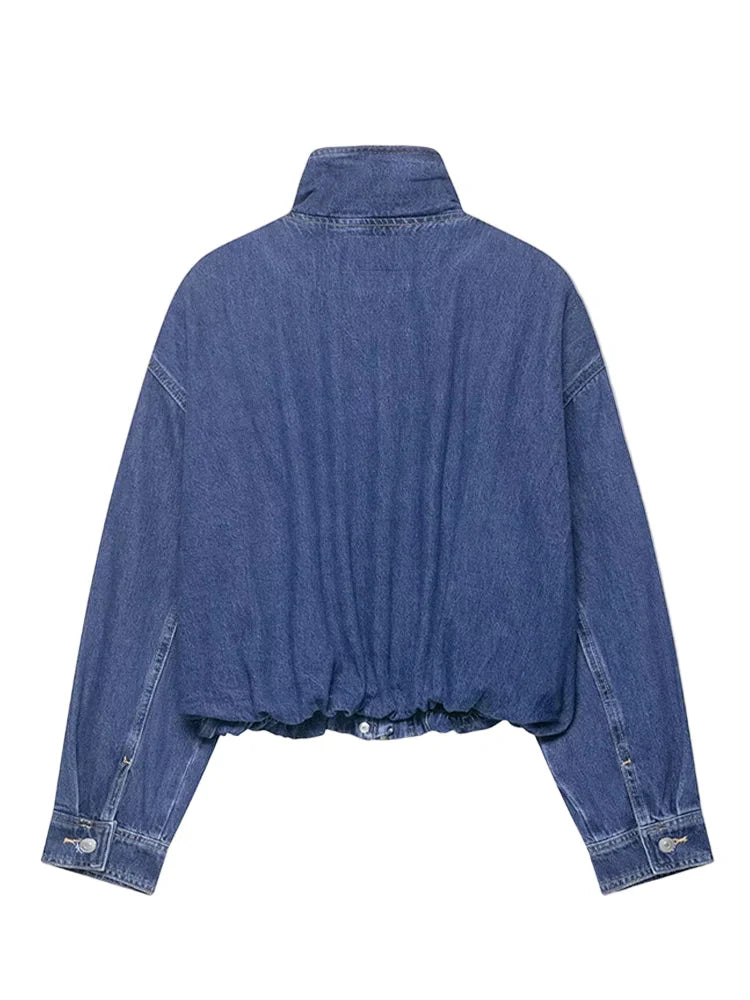 Cropped Zip Denim Bomber Jacket