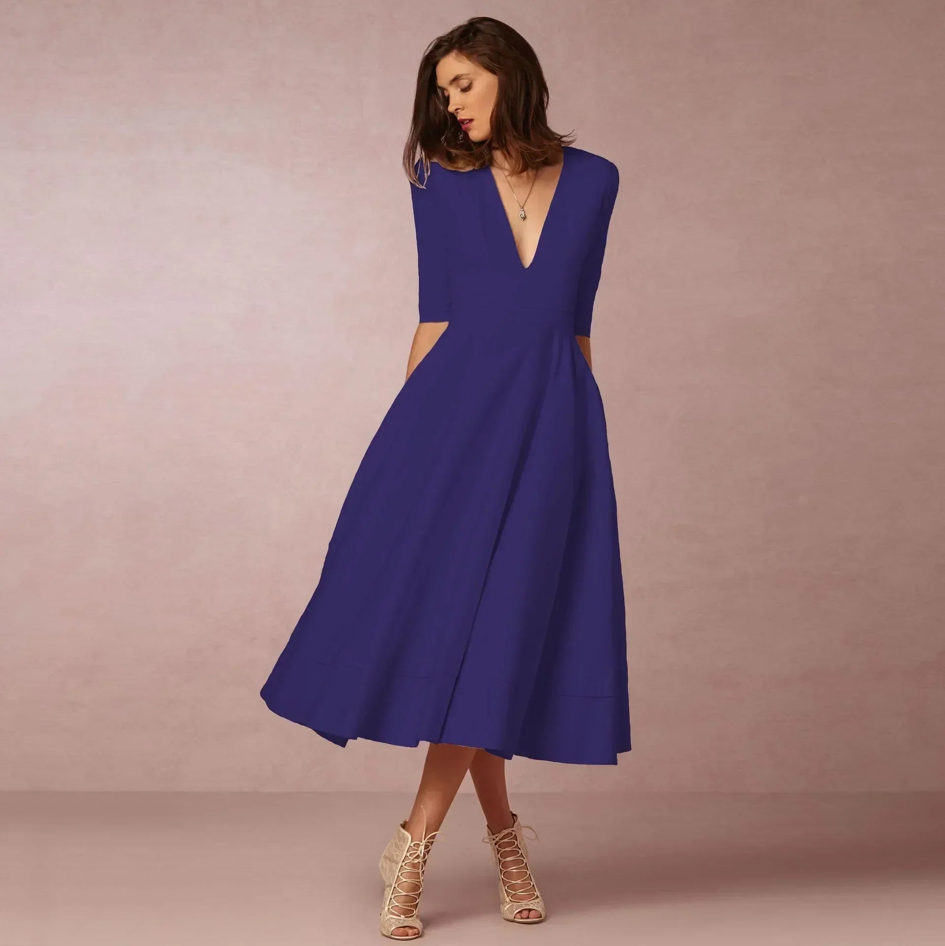 V-Neck Fit & Flare Midi Dress