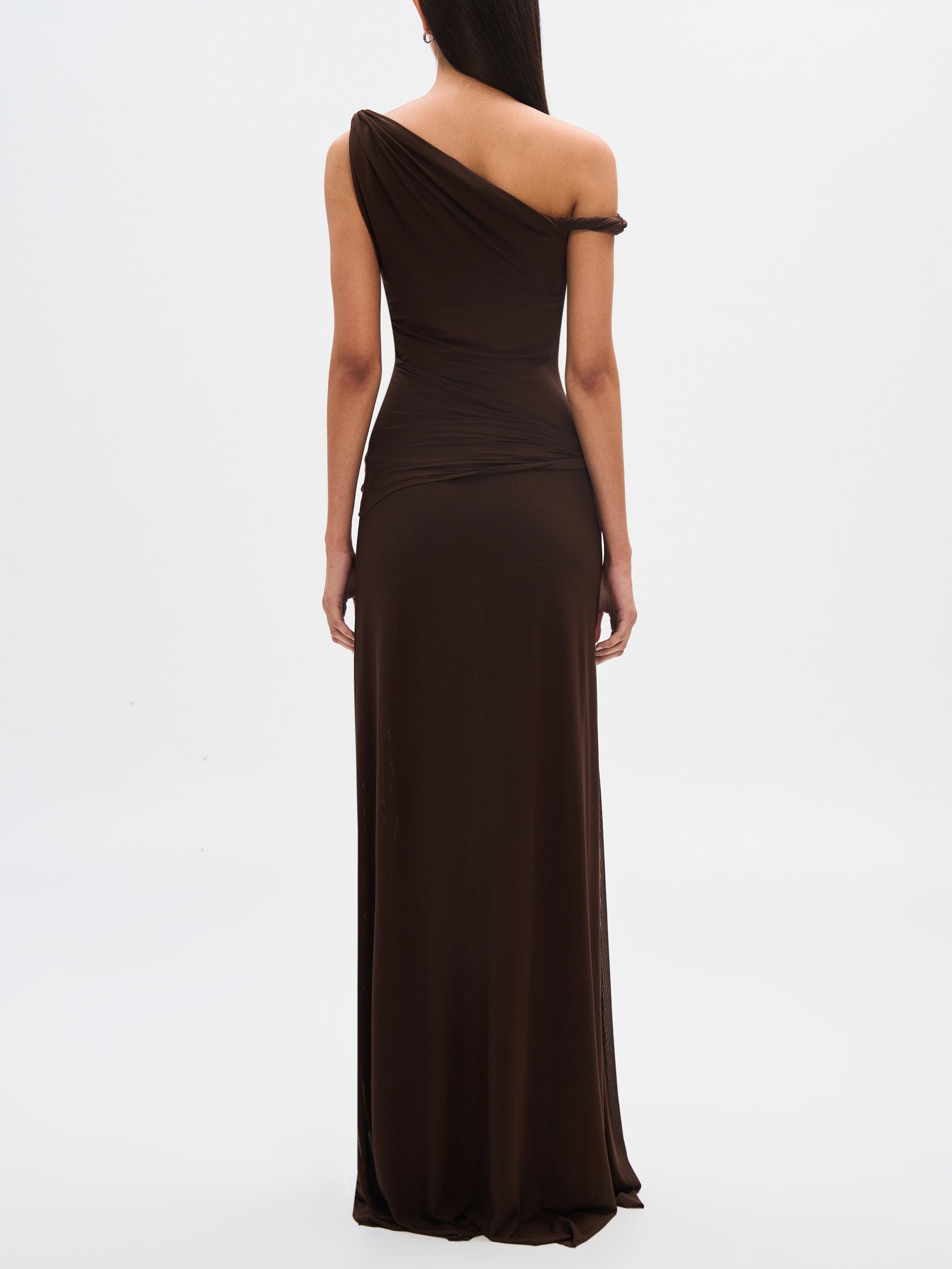 Draped Off-Shoulder Mesh Maxi Dress