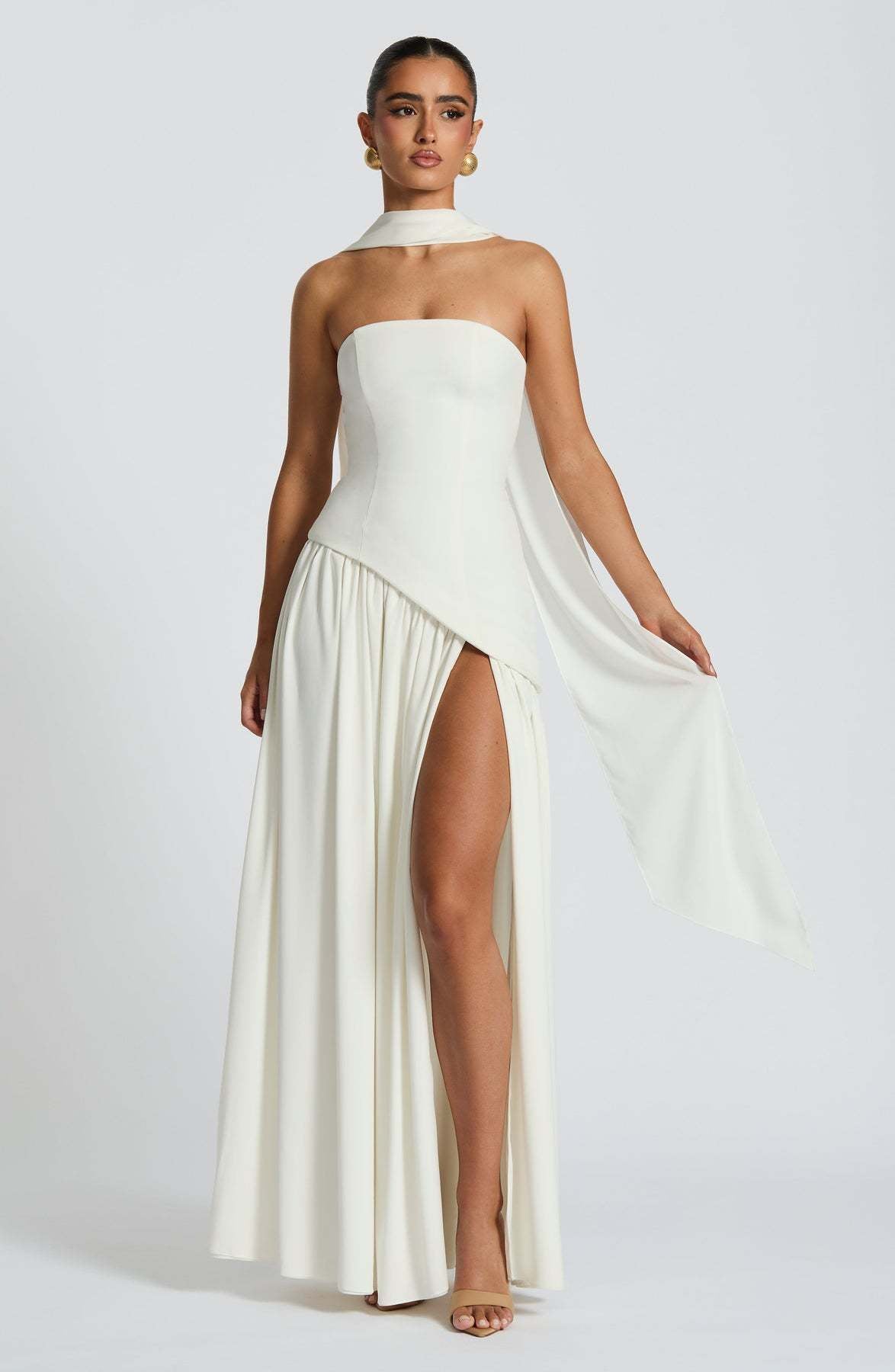 Strapless High Slit Scarf Maxi Dress