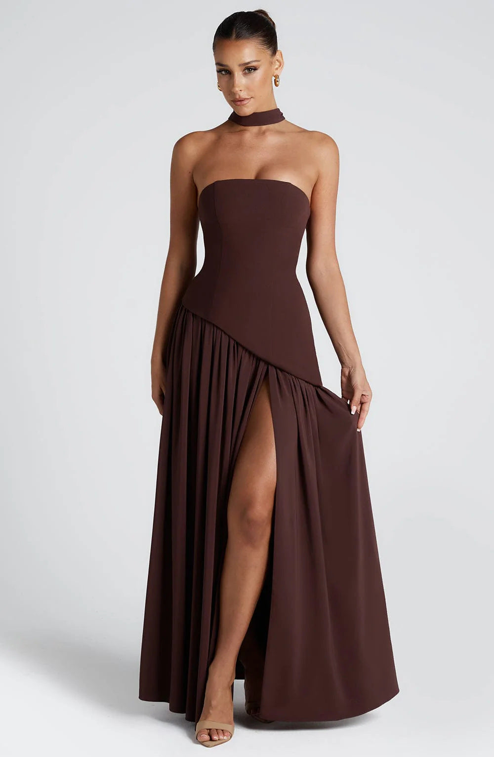 Strapless High Slit Scarf Maxi Dress