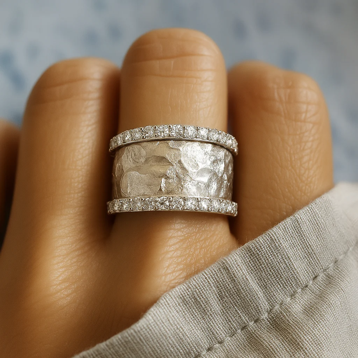 Hammered Pavé Edge Wide Band Ring