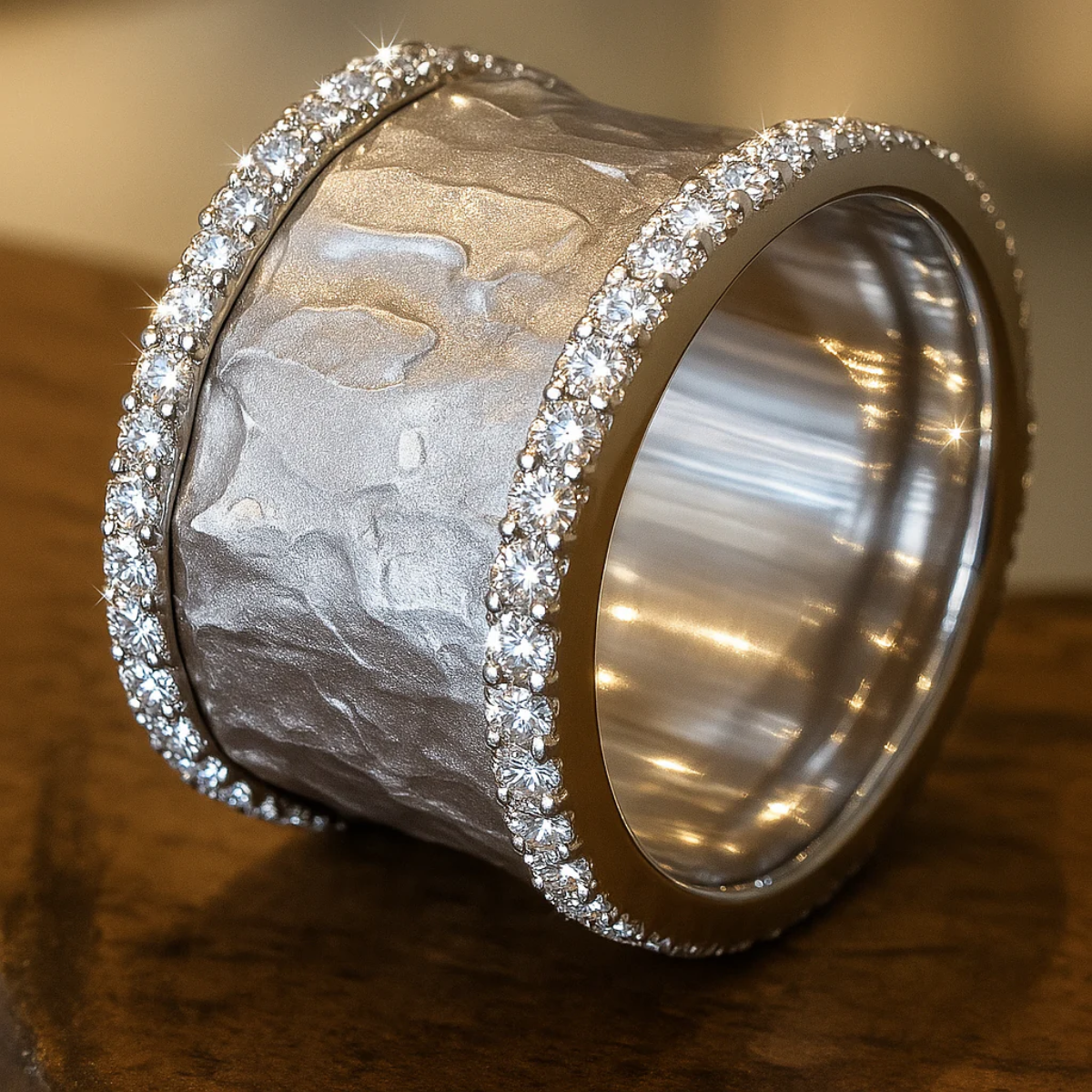Hammered Pavé Edge Wide Band Ring