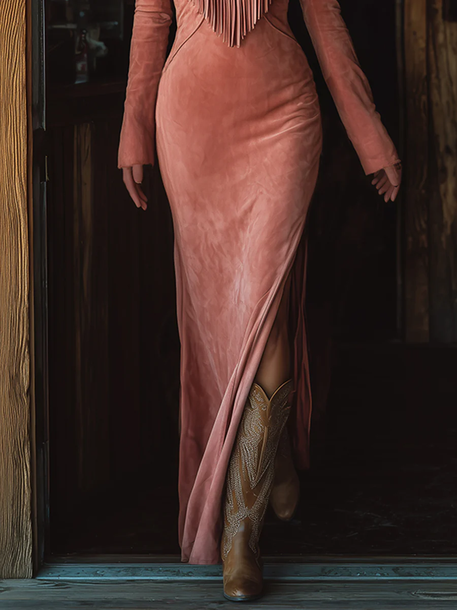 Suede Fringe Western Maxi Dress