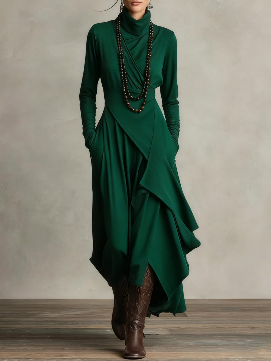 Asymmetric Drape Turtleneck Maxi Dress