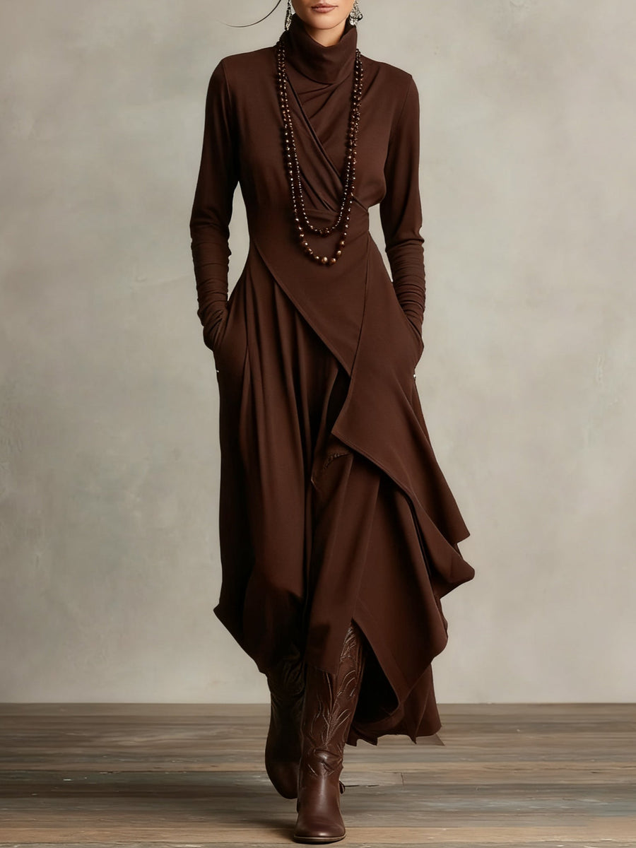 Asymmetric Drape Turtleneck Maxi Dress
