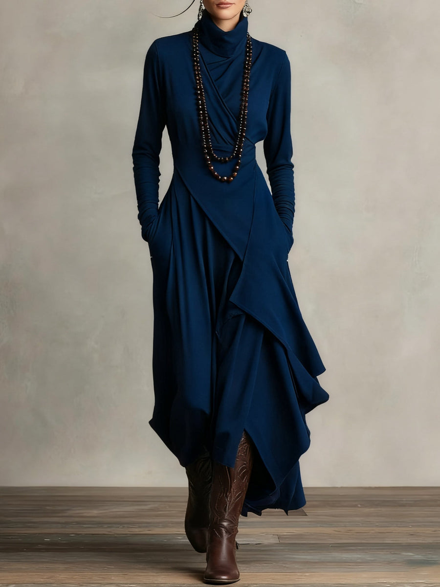 Asymmetric Drape Turtleneck Maxi Dress