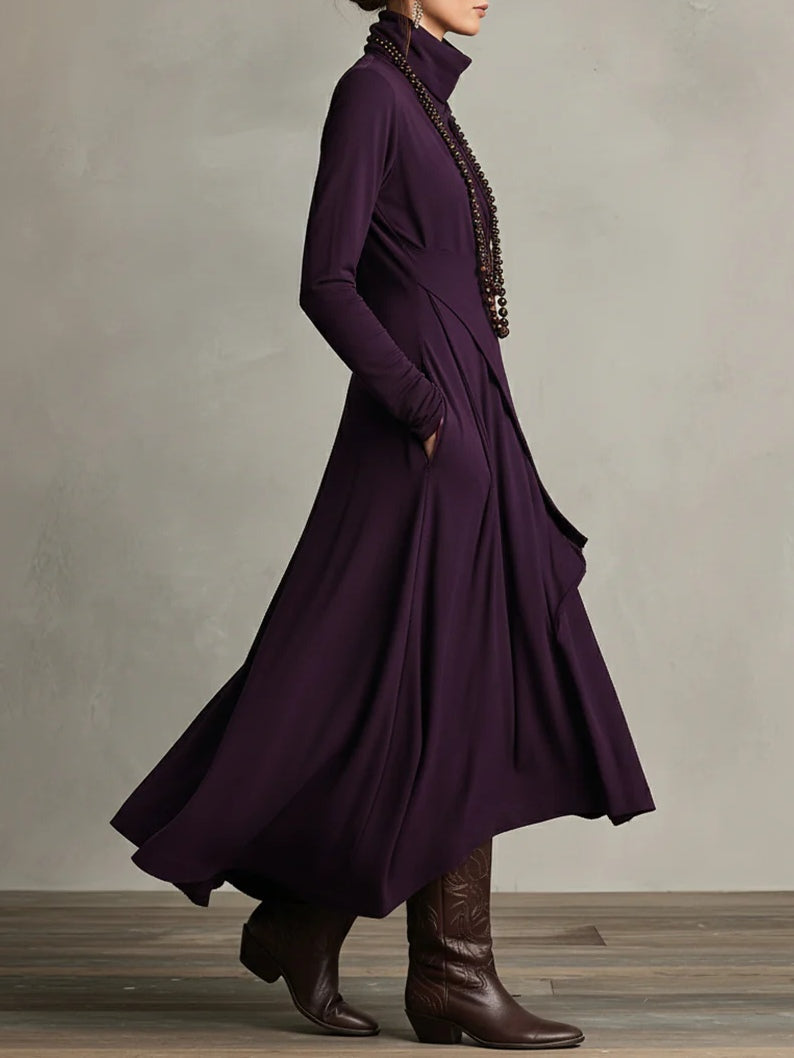 Asymmetric Drape Turtleneck Maxi Dress