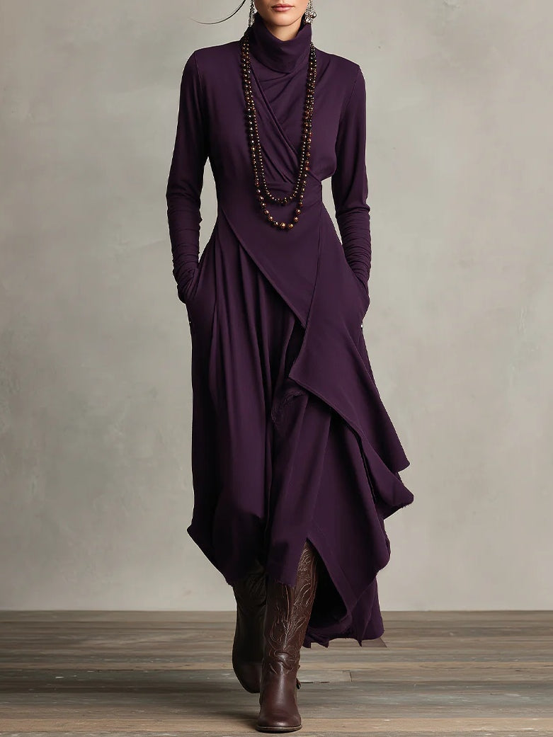 Asymmetric Drape Turtleneck Maxi Dress