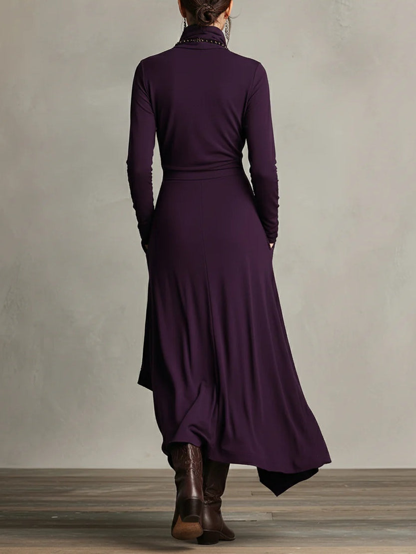 Asymmetric Drape Turtleneck Maxi Dress