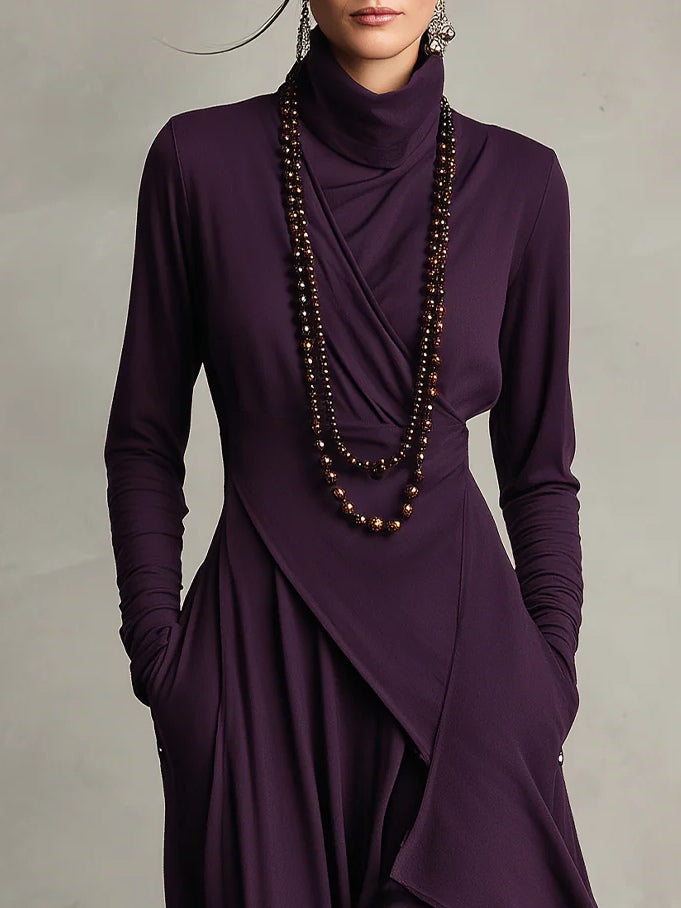 Asymmetric Drape Turtleneck Maxi Dress