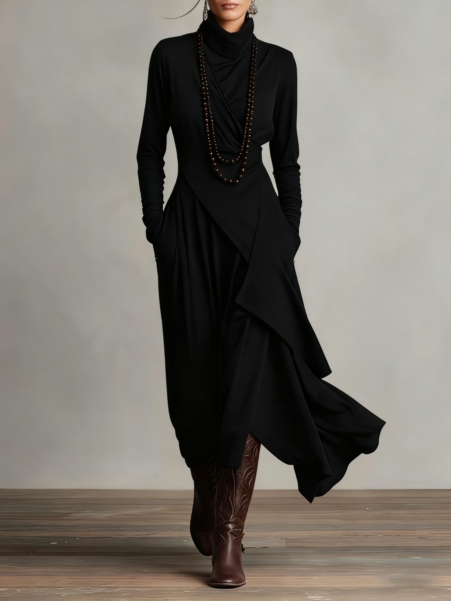 Asymmetric Drape Turtleneck Maxi Dress