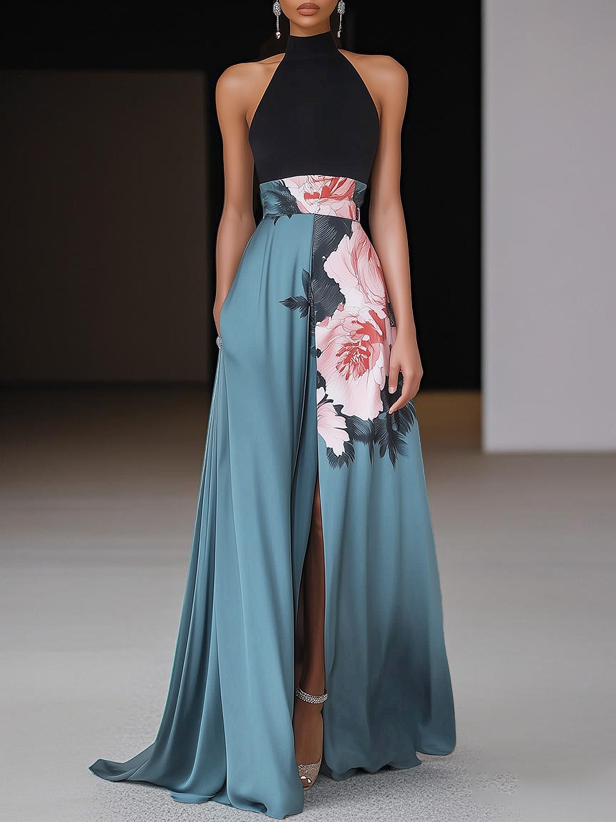 Halter Neck Peony Print Maxi Dress