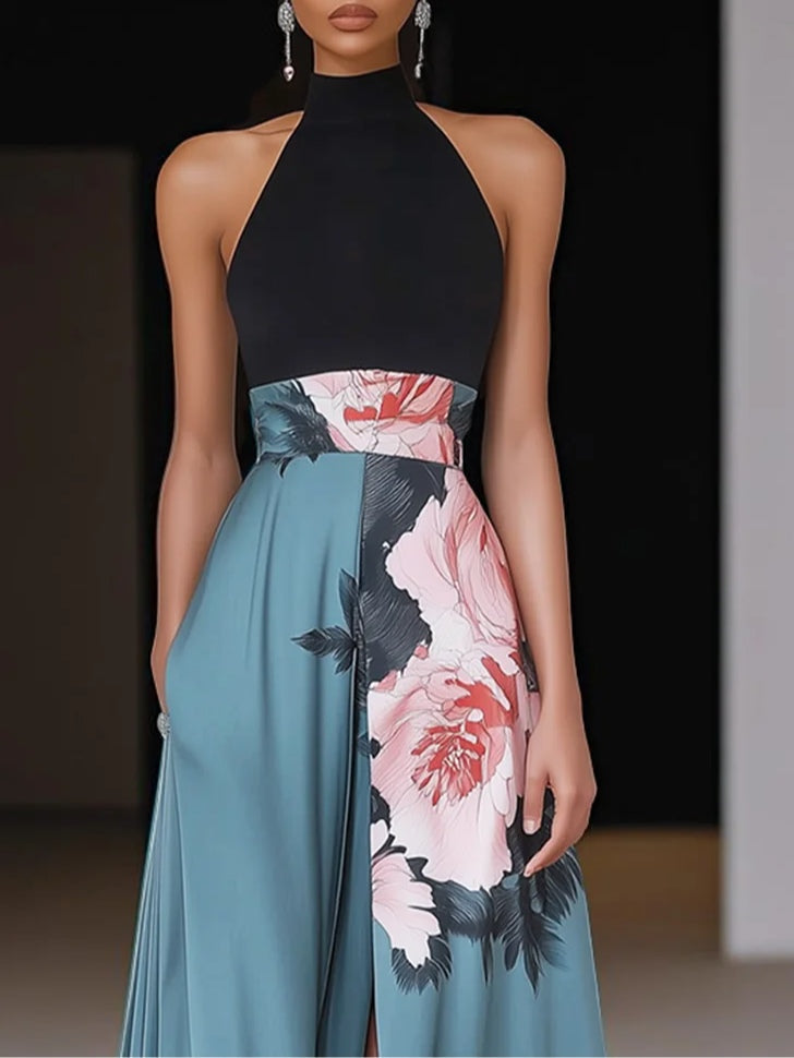 Halter Neck Peony Print Maxi Dress