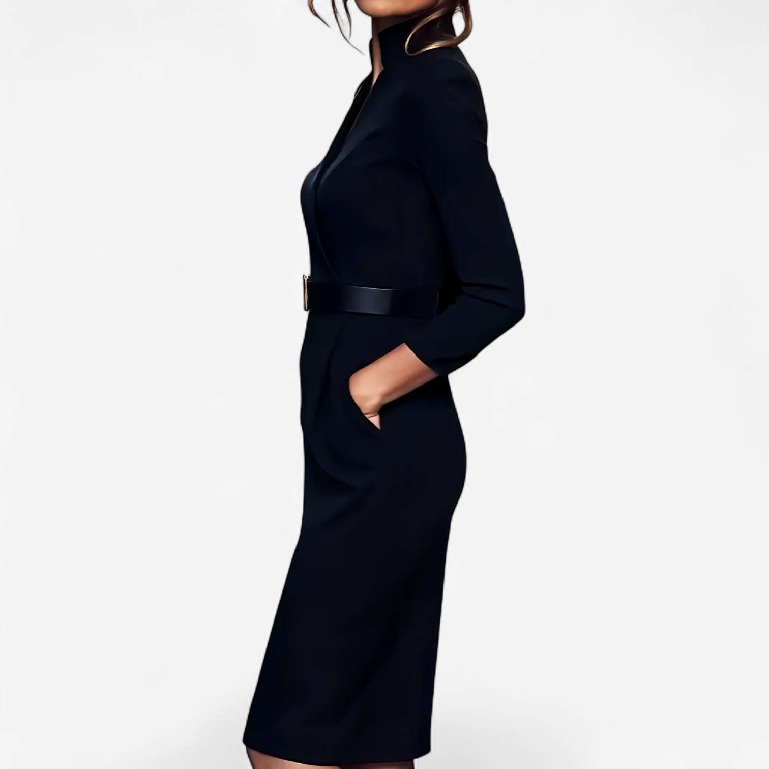 Belted Gold-Buckle Pencil Dress