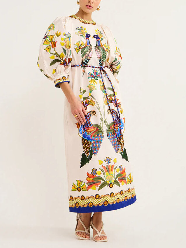 Puff-Sleeve Doodle Print Midi Dress