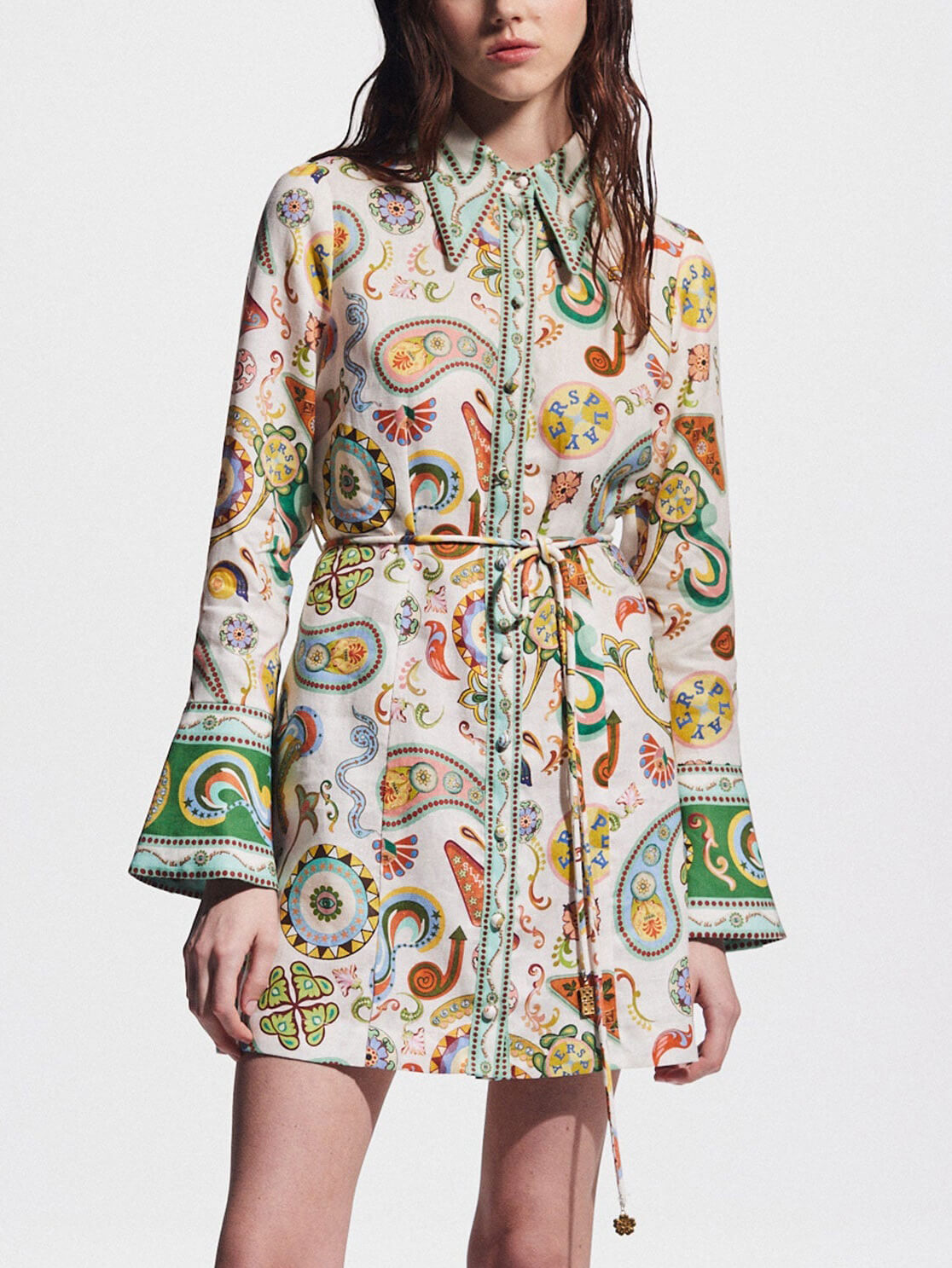 Trumpet-Sleeve Graphic Print Mini Dress