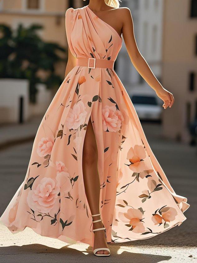 One-Shoulder Peony Chiffon Maxi Dress