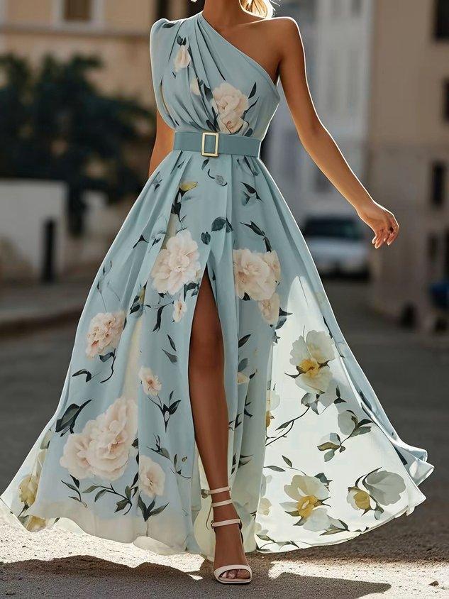 One-Shoulder Peony Chiffon Maxi Dress