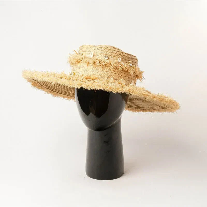 Shell Trim Raffia Boater Hat