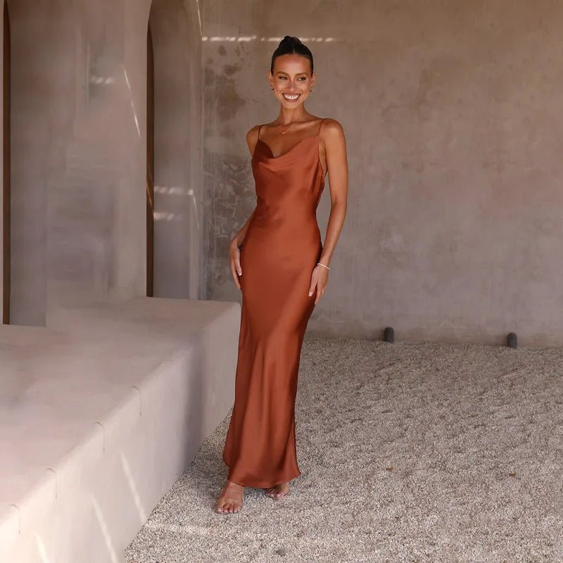 Backless High Slit Satin Maxi Dress — women's maxi dress, view 5 by Emyri