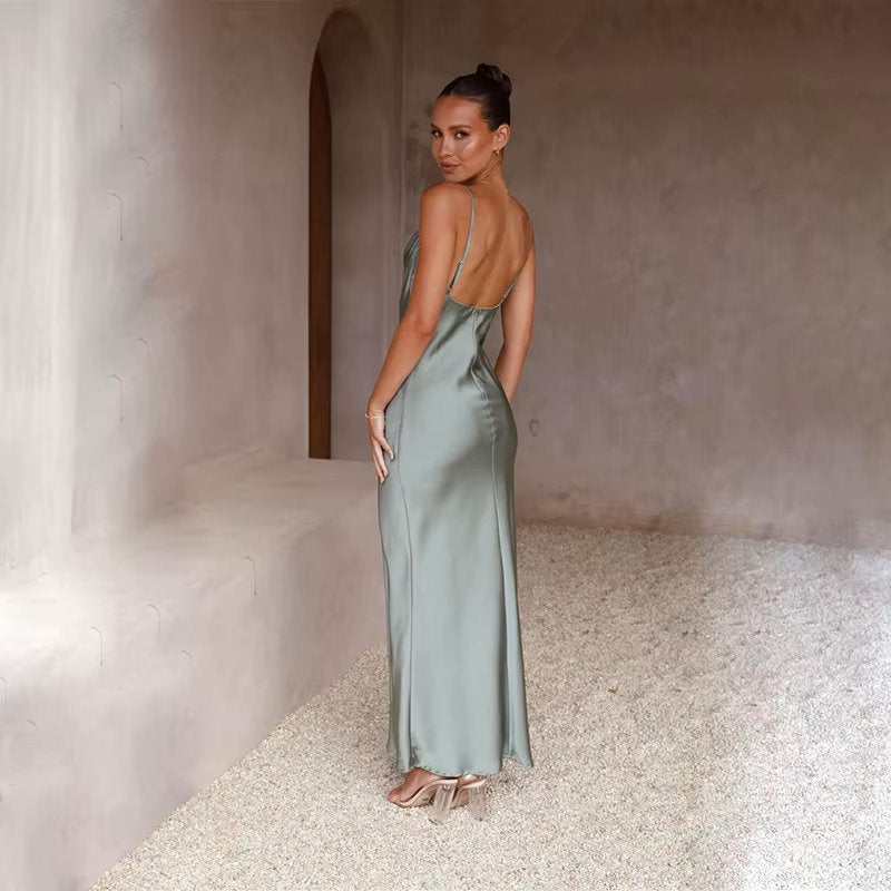 Backless High Slit Satin Maxi Dress — women's maxi dress, view 7 by Emyri