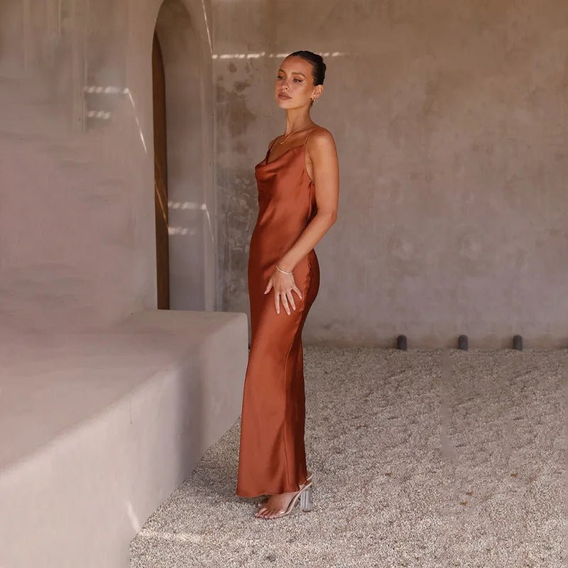 Backless High Slit Satin Maxi Dress — women's maxi dress, view 9 by Emyri