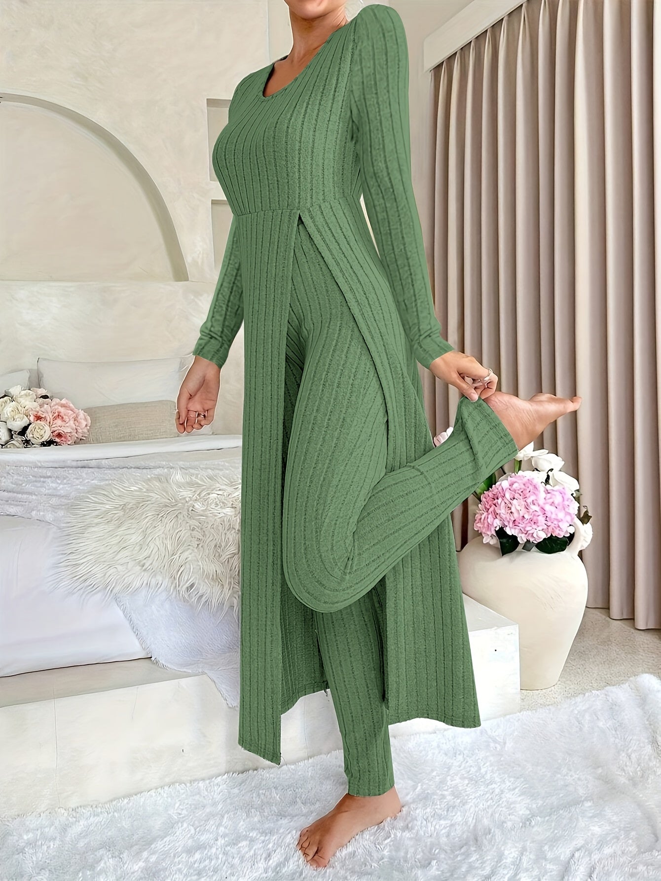 Ribbed Knit Wide-Leg Lounge Set
