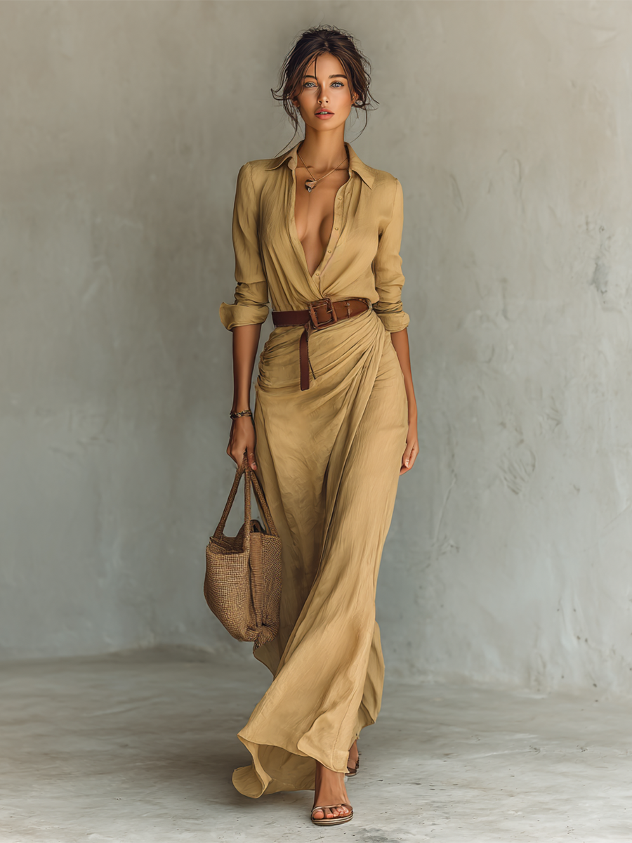 Deep V Button-Down Maxi Shirt Dress